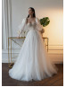 Ivory Lace Glitter Tulle Wedding Dress With Detachable Sleeves